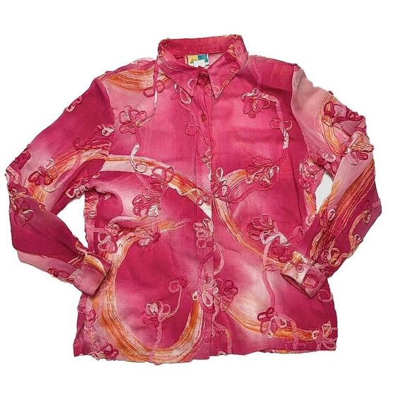 Sea Suns Vintage Floral Blouse Pink Sheer Ruffled Button Up Women's Medium 90s - Picture 1 of 12